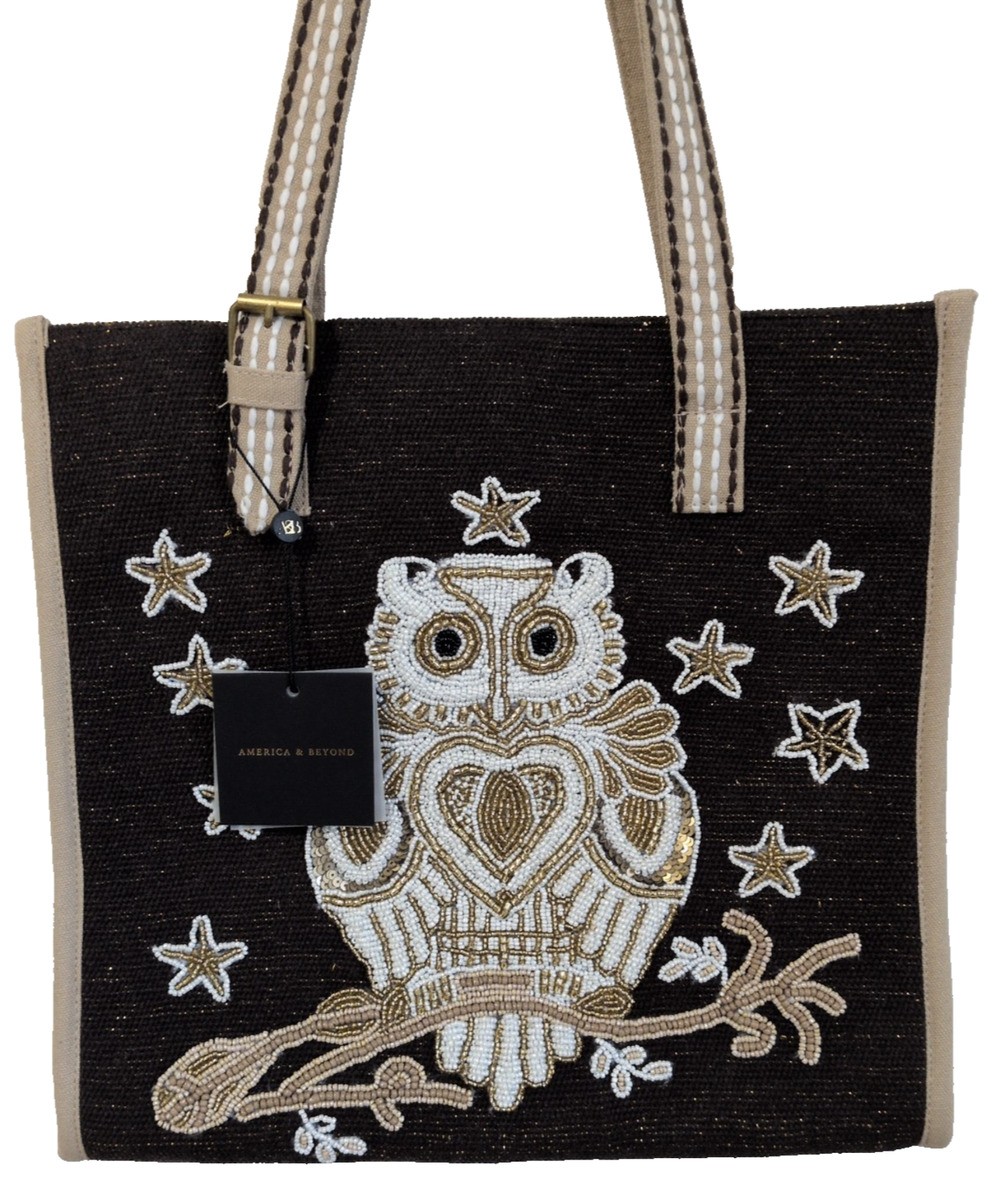 America And Beyond Breaded Woven Tote Owl Brown White Gold Fall Handcrafted